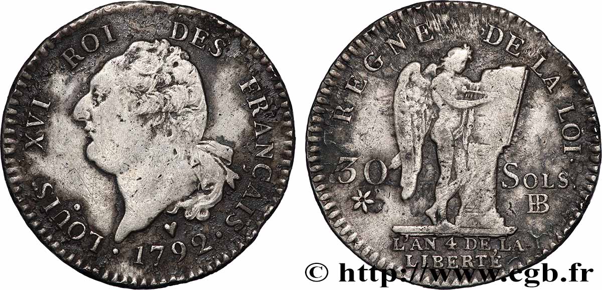 LOUIS XVI 30 sols dit au génie , type FRANÇAIS 1792 Strasbourg VF