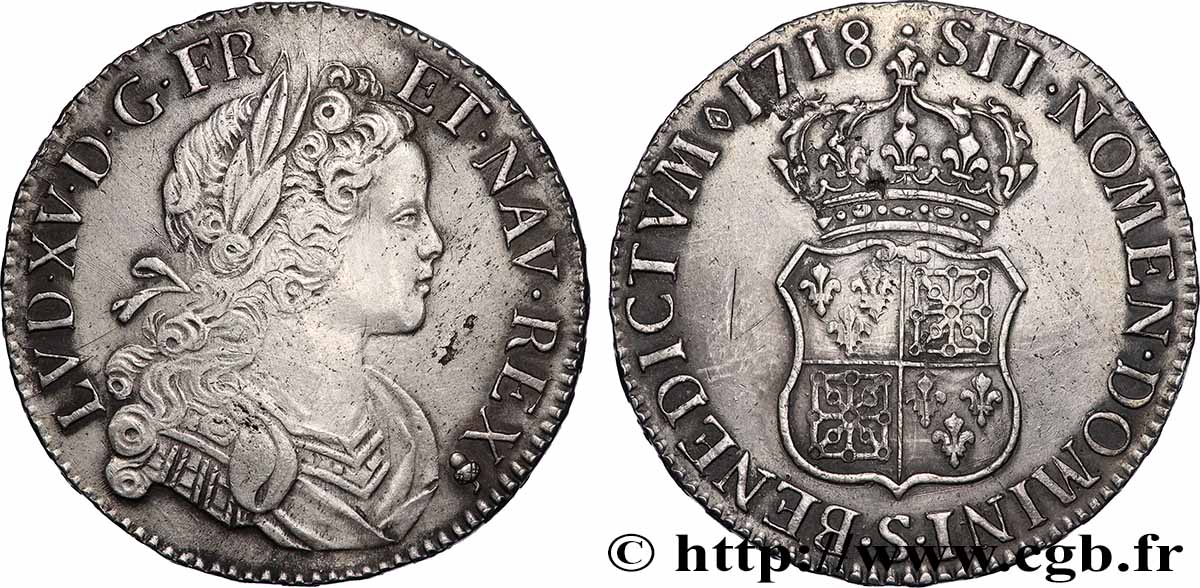 LOUIS XV THE WELL-BELOVED Écu à l’écu écartelé de France et de Navarre 1718 Reims XF/AU