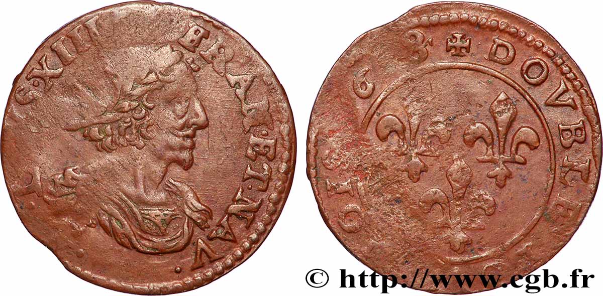 LOUIS XIII Double tournois au grand buste viril drapé 1638 Ateliers de l’axe Loire-Rhône q.BB