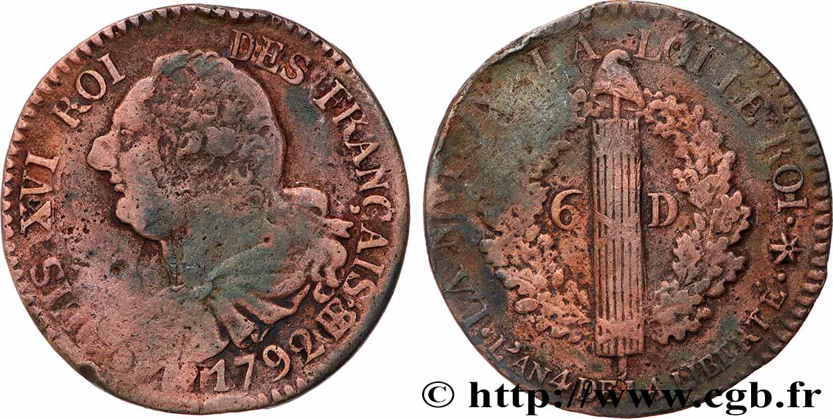 LOUIS XVI 6 deniers dit au faisceau , type FRANÇAIS 1792 Strasbourg VF