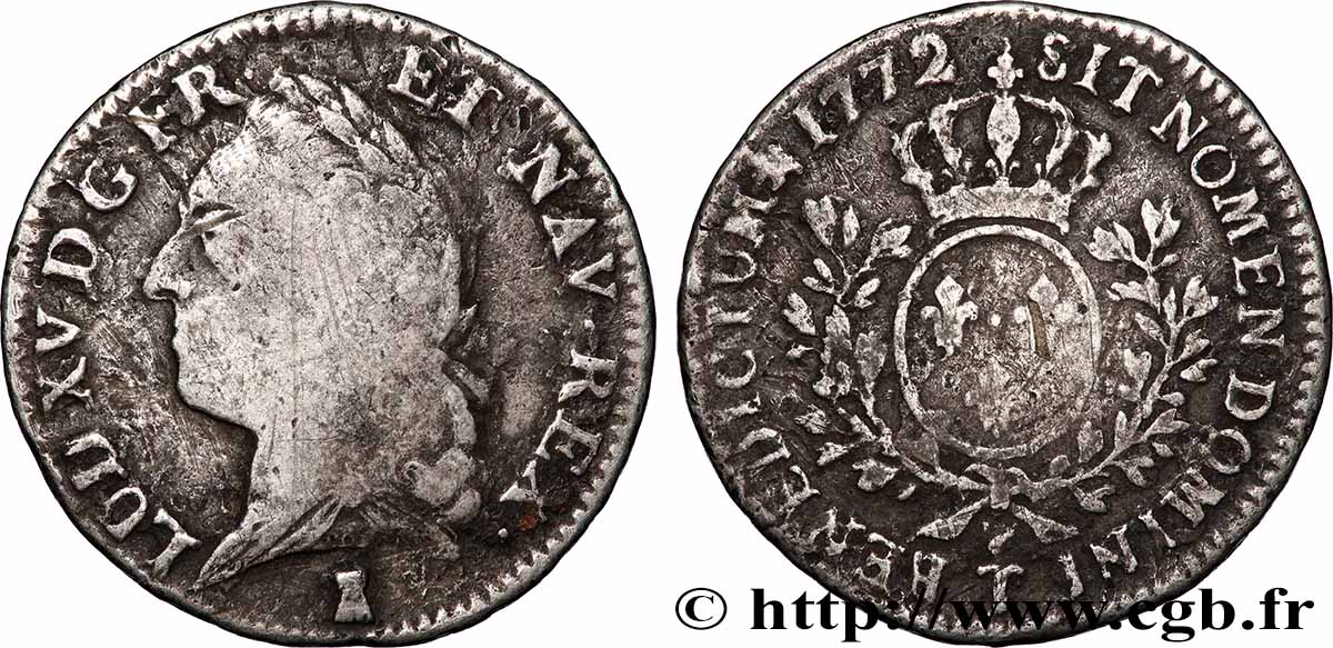 LOUIS XV THE WELL-BELOVED Demi-écu aux branches d’olivier, buste lauré 1772 Nantes VF