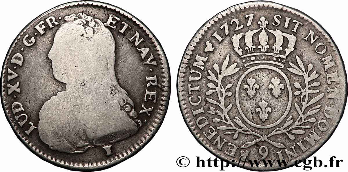 LOUIS XV THE WELL-BELOVED Demi-écu aux branches d olivier, buste habillé 1727 Rennes VF/VF