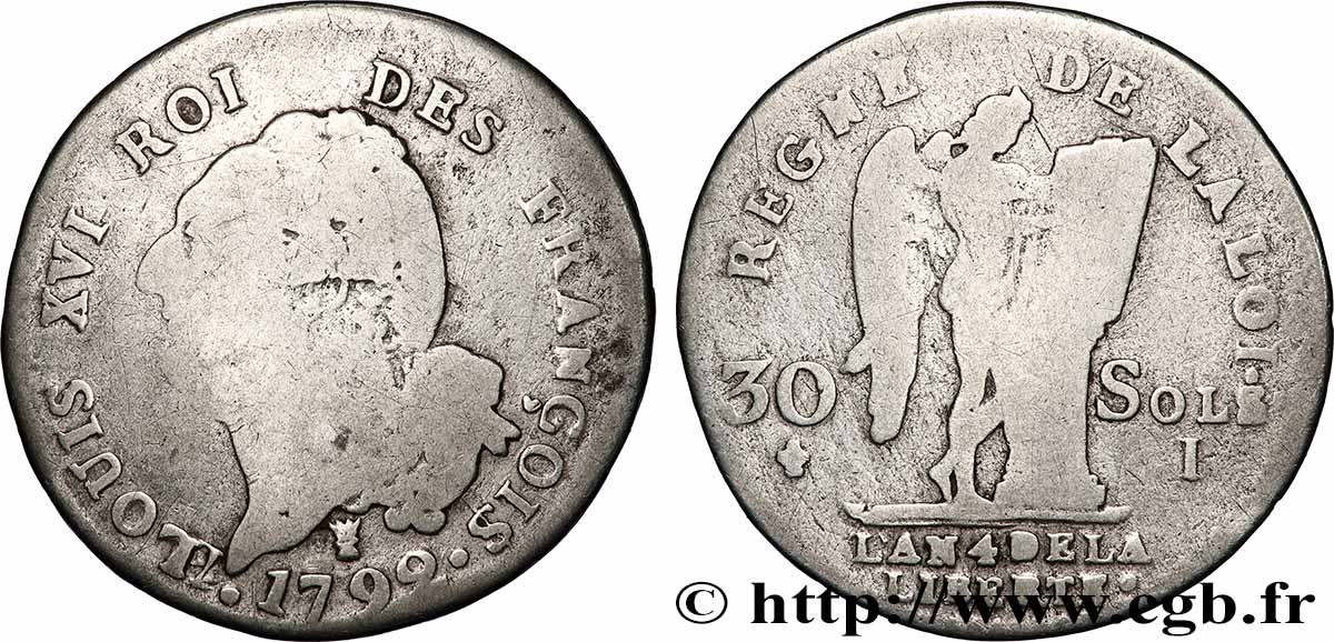 LOUIS XVI 30 sols dit au génie , type FRANÇOIS 1792 Limoges RC+