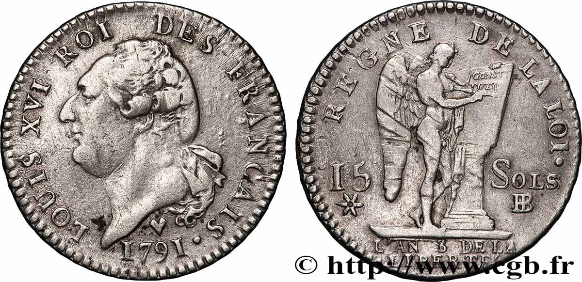 LOUIS XVI 15 sols dit au génie , type FRANÇAIS 1791 Strasbourg q.BB