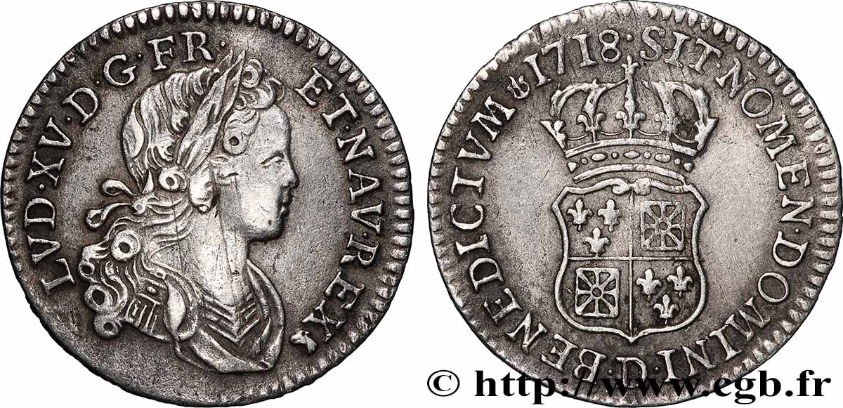 LOUIS XV THE WELL-BELOVED Dixième d écu dit de France-Navarre 1718 Lyon VF/XF