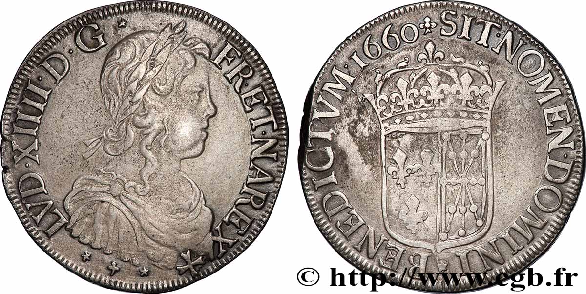 LOUIS XIV THE SUN KING Écu de Navarre, portrait à la mèche longue 1660 Saint-Palais AU/XF
