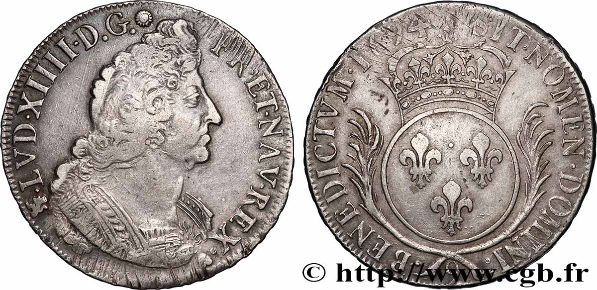 LOUIS XIV THE SUN KING Écu aux palmes 1694 Rennes XF/AU