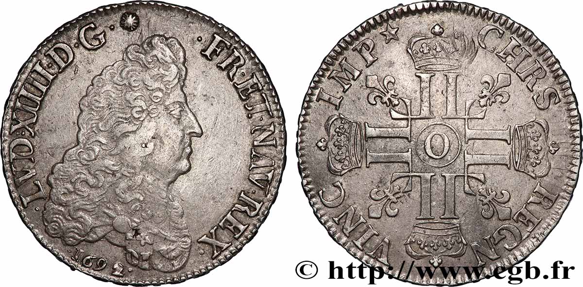 LOUIS XIV THE SUN KING Écu aux huit L, 1er type 1692 Riom XF/AU