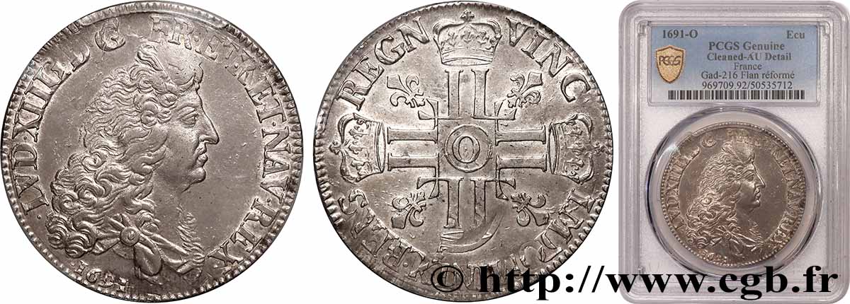 LOUIS XIV THE SUN KING Écu aux huit L, 1er type 1691 Riom AU