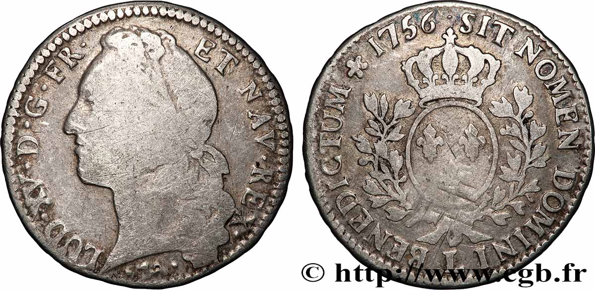 LOUIS XV THE BELOVED Demi-écu aux branches d’olivier, tête ceinte d’un bandeau 1756 Bayonne VF