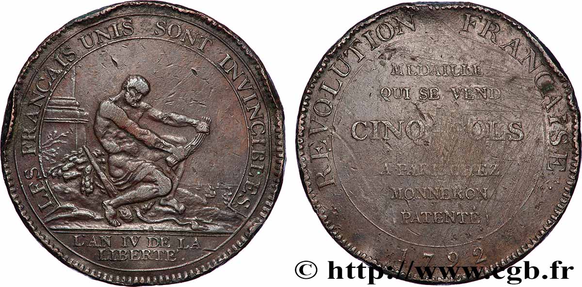 REVOLUTION COINAGE / CONFIANCE (MONNAIES DE…) Monneron de 5 sols à l Hercule 1792 F