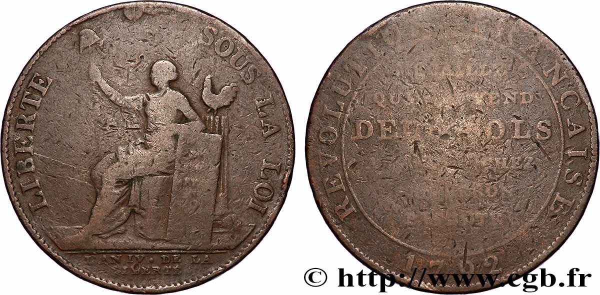 REVOLUTION COINAGE / CONFIANCE (MONNAIES DE…) Monneron de 2 sols à la Liberté 1792 Birmingham, Soho VG