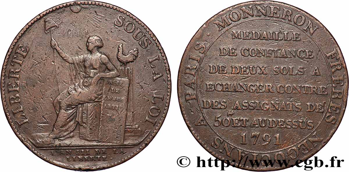 REVOLUTION COINAGE / CONFIANCE (MONNAIES DE…) Monneron de 2 sols à la Liberté 1791 Birmingham, Soho VF/AU