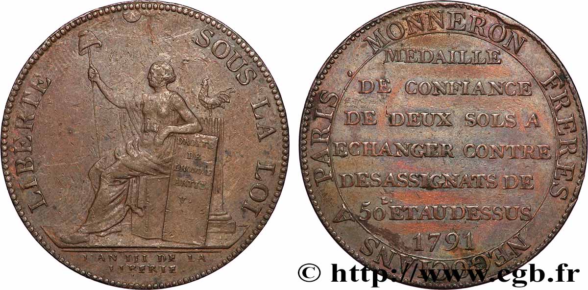 REVOLUTION COINAGE Monneron de 2 sols à la Liberté 1791 Birmingham, Soho BB/q.SPL