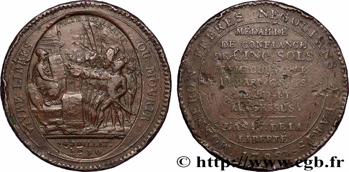 REVOLUTION COINAGE Monneron de 5 sols au serment 1792 B