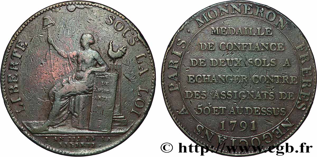 REVOLUTION COINAGE Monneron de 2 sols à la Liberté 1791 Birmingham, Soho q.BB