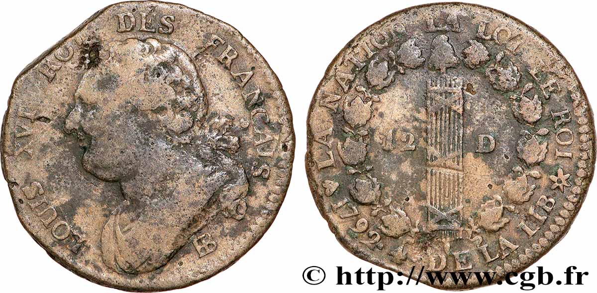 LOUIS XVI 12 deniers dit au faisceau , type FRANÇAIS 1792 Strasbourg VF