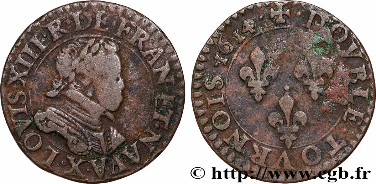 LOUIS XIII Double tournois, type 1 1614 Amiens VF