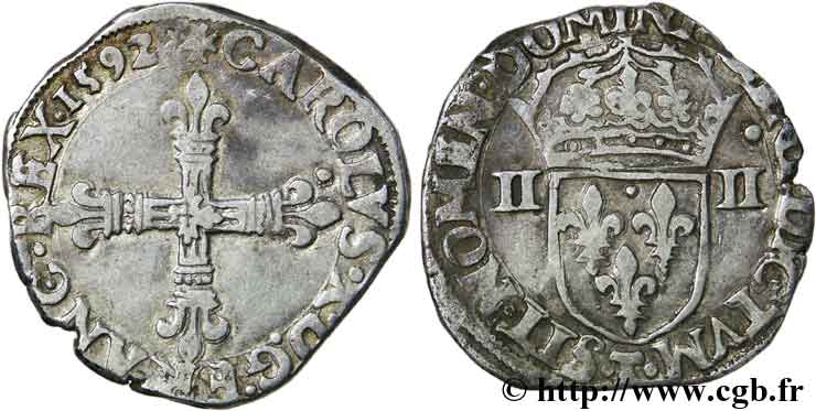 CHARLES X, CARDINAL DE BOURBON Quart d écu, croix de face 1592 Nantes TB+/TTB