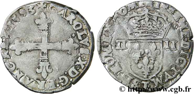 CHARLES X, CARDINAL DE BOURBON Quart d écu, croix de face 1593 Nantes TB