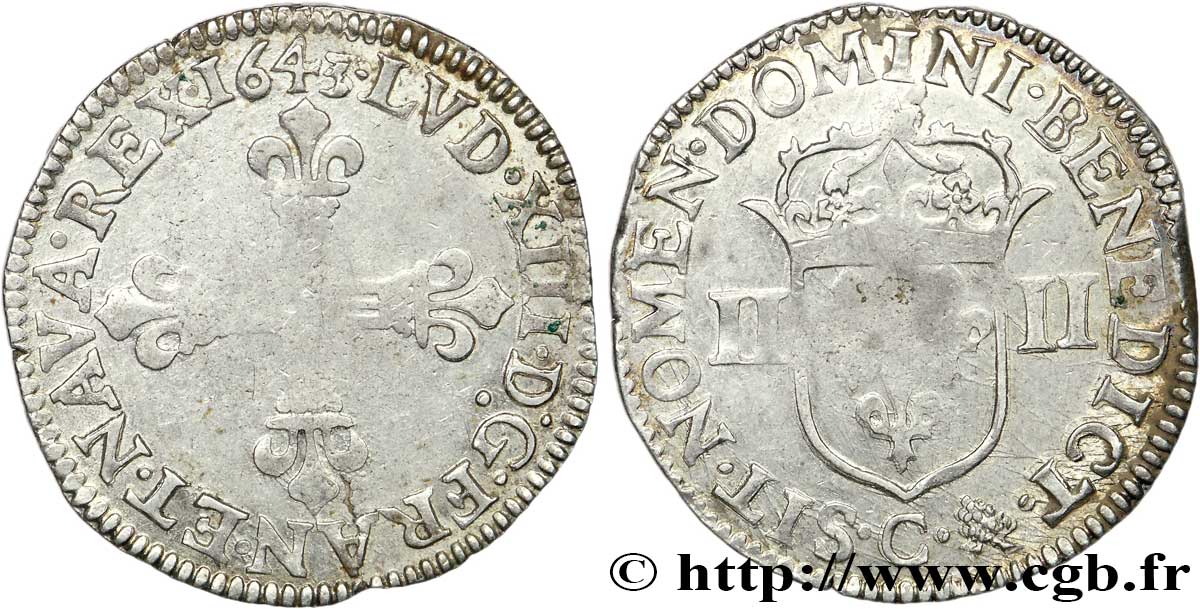 LOUIS XIII LE JUSTE Quart d écu, à la croix fleurdelisée, titulature côté croix 1643 Saint-Lô TTB/TTB+