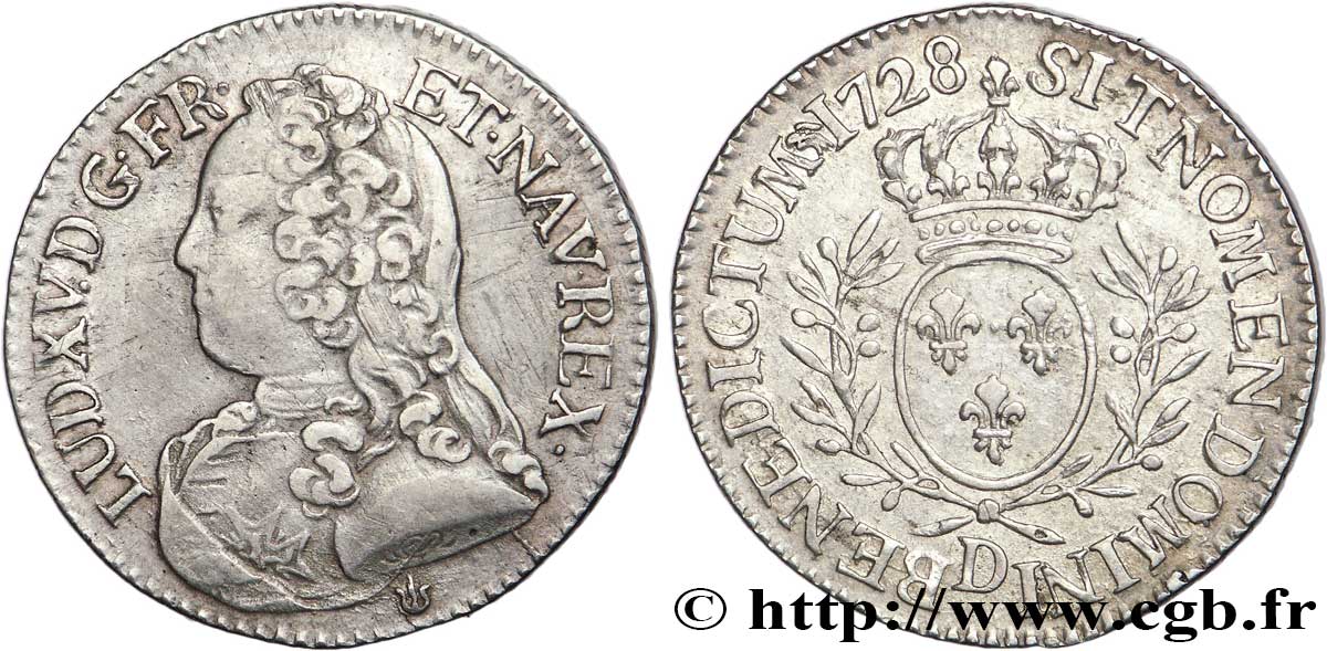 LOUIS XV DIT LE BIEN AIMÉ Cinquième d écu aux branches d olivier, buste habillé 1728 Lyon TTB