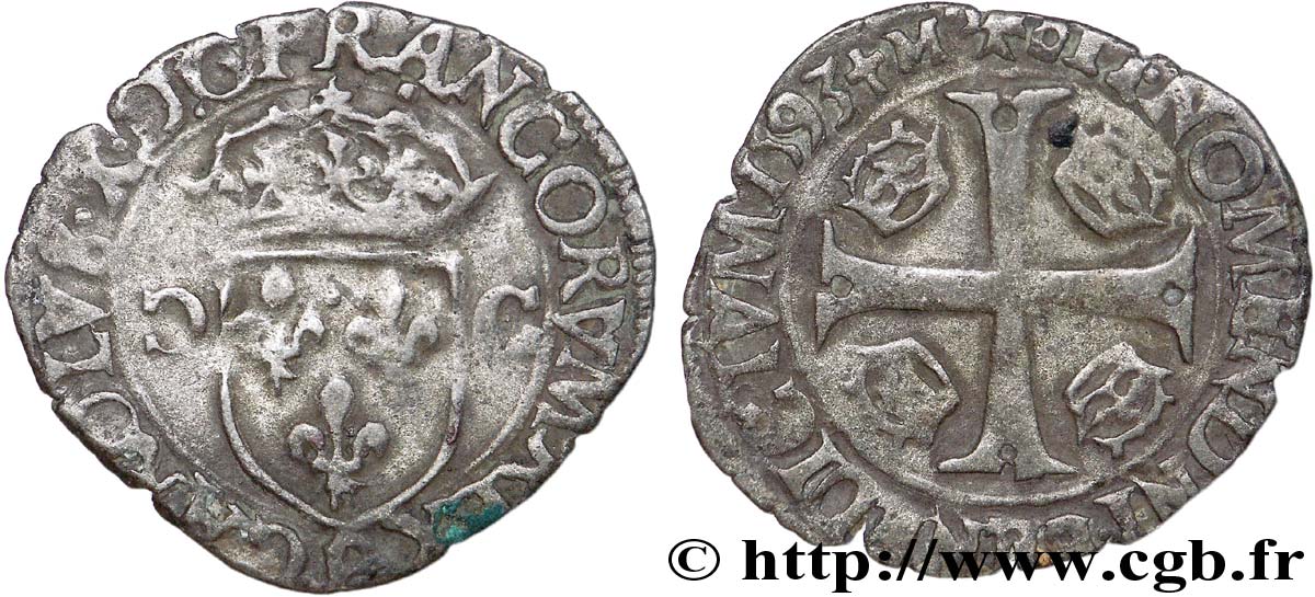 CHARLES X, CARDINAL DE BOURBON Douzain aux deux C, 1er type 1593 Dijon TB+/TTB
