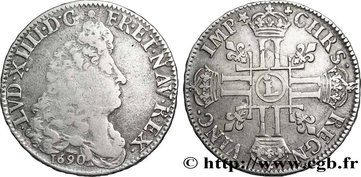 LOUIS XIV LE GRAND OU LE ROI SOLEIL Demi-écu aux huit L, 1er type 1690 Lille TB+/TTB