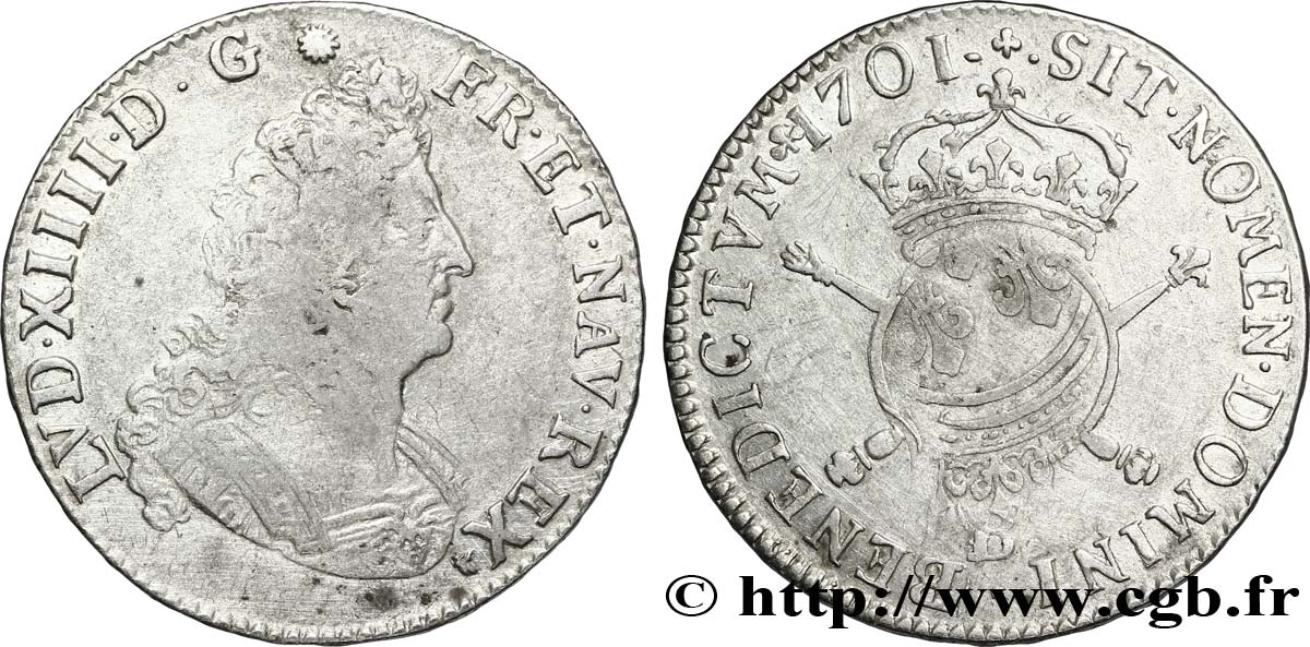 LOUIS XIV LE GRAND OU LE ROI SOLEIL Demi-écu aux insignes 1701 Rouen TB+