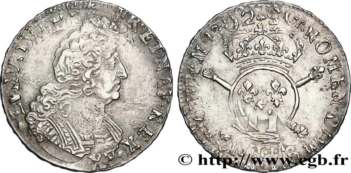 LOUIS XIV LE GRAND OU LE ROI SOLEIL Demi-écu aux insignes 1702 Atelier indéterminé TB/TB+