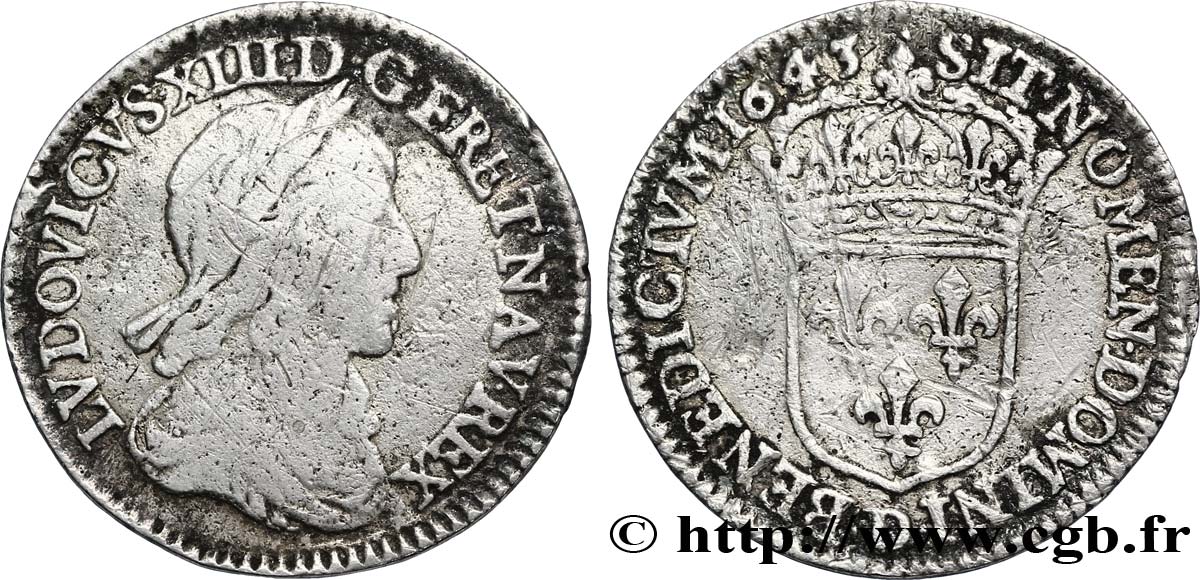 LOUIS XIII LE JUSTE Douzième d écu, buste drapé et cuirassé (2e buste de Jean Warin) 1643 Lyon TB/TB+