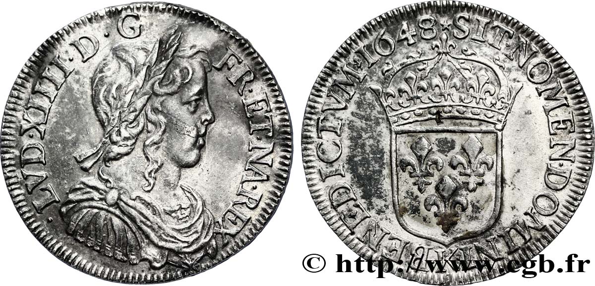 LOUIS XIV LE GRAND OU LE ROI SOLEIL Demi-écu, portrait à la mèche longue 1648 Bordeaux TTB+