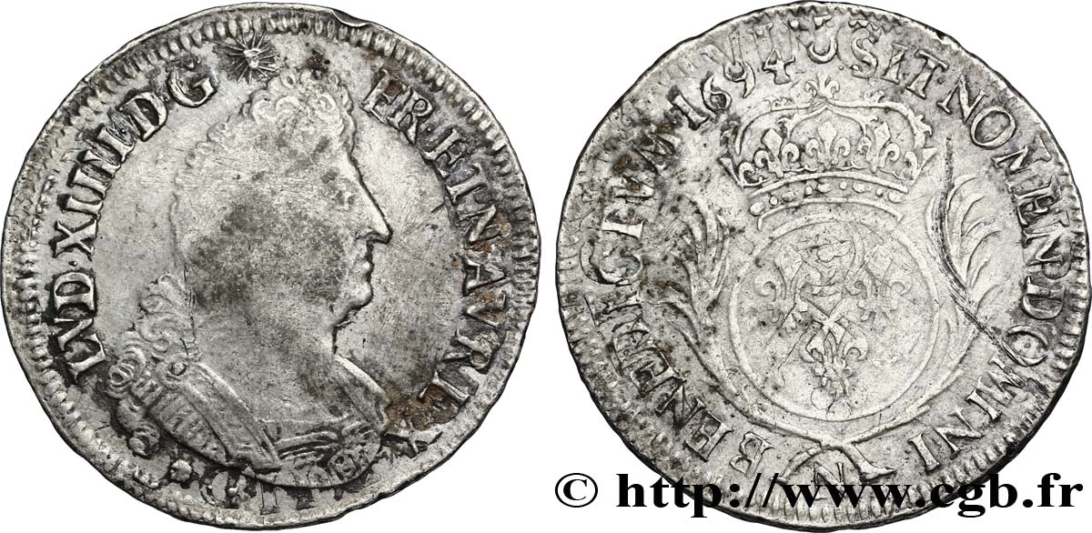 LOUIS XIV LE GRAND OU LE ROI SOLEIL Demi-écu aux palmes 1694 Montpellier TB