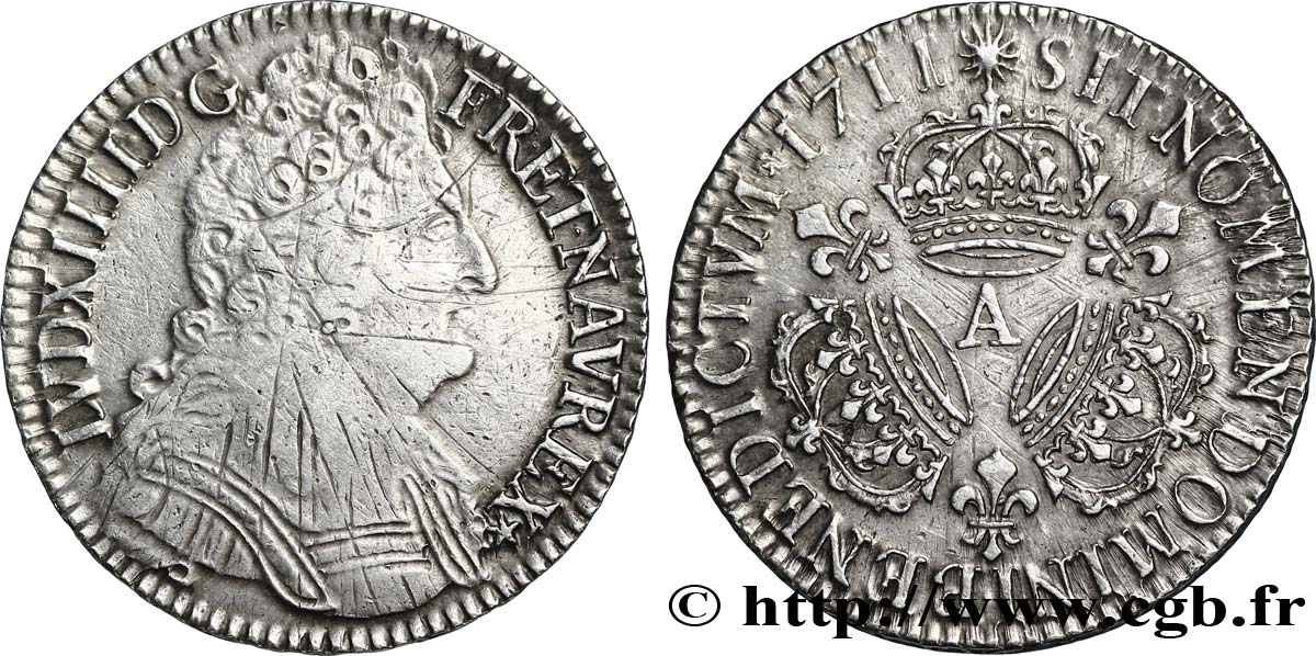 LOUIS XIV LE GRAND OU LE ROI SOLEIL Demi-écu aux trois couronnes 1711 Paris TB+/TTB