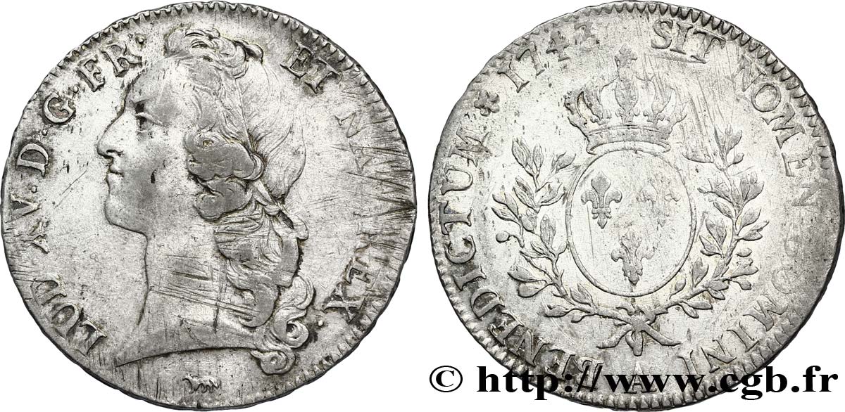 LOUIS XV DIT LE BIEN AIMÉ Écu aux branches d’olivier, tête ceinte d’un bandeau 1743 Paris TTB