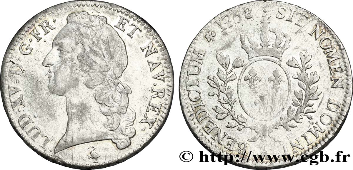 LOUIS XV DIT LE BIEN AIMÉ Écu aux branches d’olivier, tête ceinte d’un bandeau 1758 Paris TTB