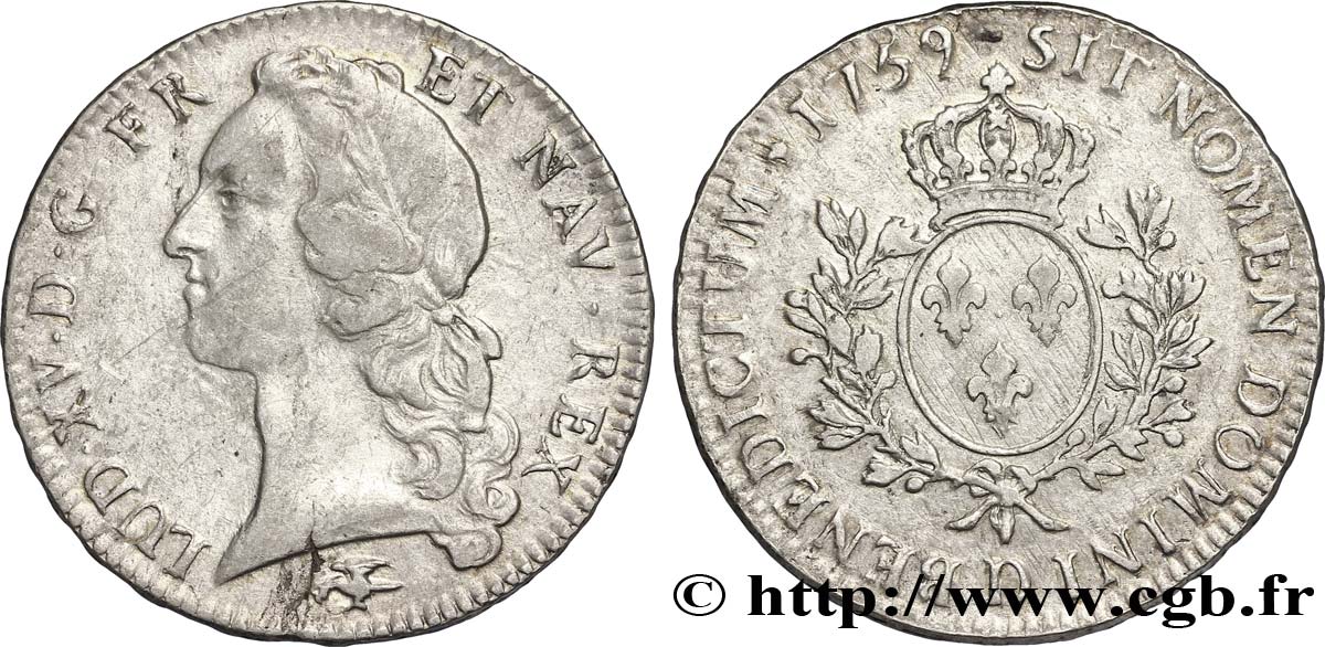 LOUIS XV DIT LE BIEN AIMÉ Écu aux branches d’olivier, tête ceinte d’un bandeau 1759 Lyon TTB