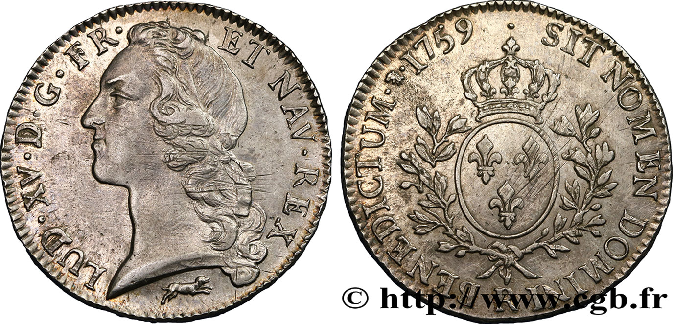 LOUIS XV DIT LE BIEN AIMÉ Écu aux branches d’olivier, tête ceinte d’un bandeau 1759 Orléans SUP