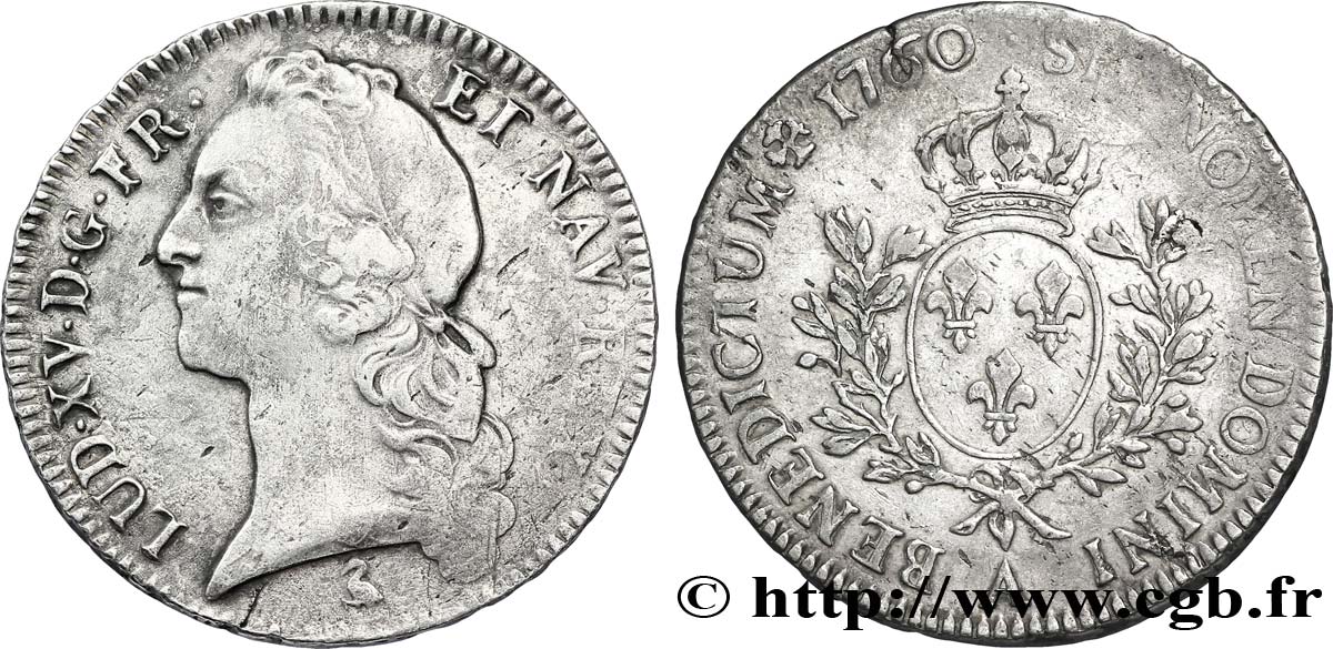 LOUIS XV DIT LE BIEN AIMÉ Écu aux branches d’olivier, tête ceinte d’un bandeau 1760 Paris TB+/TTB