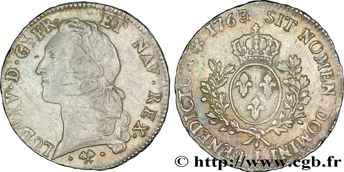 LOUIS XV DIT LE BIEN AIMÉ Écu aux branches d’olivier, tête ceinte d’un bandeau 1763 Bayonne TB+