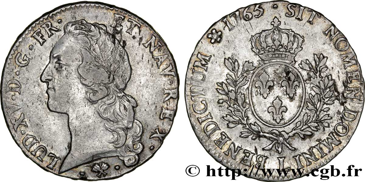 LOUIS XV DIT LE BIEN AIMÉ Écu aux branches d’olivier, tête ceinte d’un bandeau 1765 Bayonne TTB+