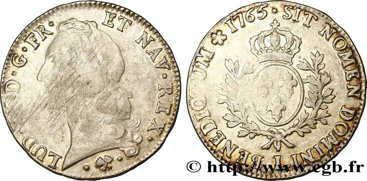 LOUIS XV DIT LE BIEN AIMÉ Écu aux branches d’olivier, tête ceinte d’un bandeau 1765 Bayonne TTB/TTB+