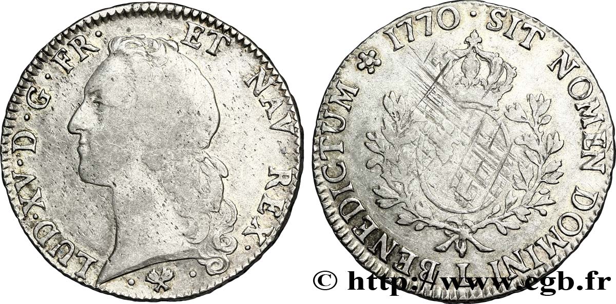 LOUIS XV DIT LE BIEN AIMÉ Écu aux branches d’olivier, tête ceinte d’un bandeau 1770 Bayonne TB+