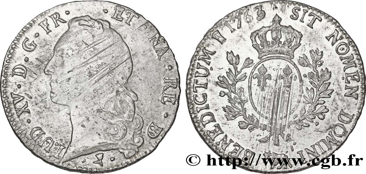 LOUIS XV DIT LE BIEN AIMÉ Écu aux branches d’olivier, tête ceinte d’un bandeau 1763 Pau TTB