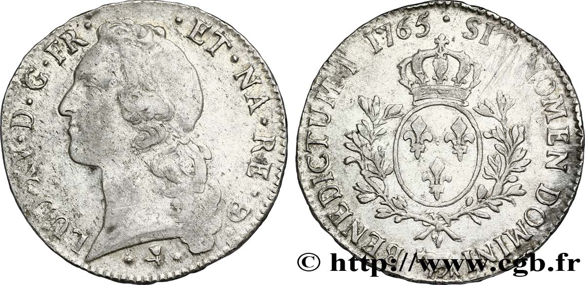 LOUIS XV DIT LE BIEN AIMÉ Écu aux branches d’olivier, tête ceinte d’un bandeau 1765 Pau TB+/TTB