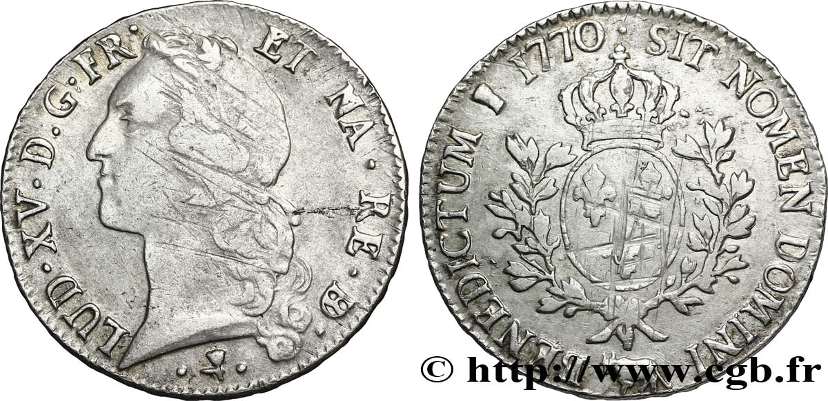 LOUIS XV DIT LE BIEN AIMÉ Écu aux branches d’olivier, tête ceinte d’un bandeau 1770 Pau TTB