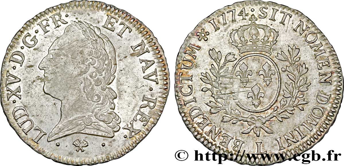 LOUIS XV DIT LE BIEN AIMÉ Écu aux branches d’olivier, buste lauré 1774 Bayonne SUP