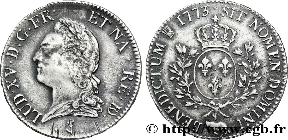 LOUIS XV DIT LE BIEN AIMÉ Écu aux branches d’olivier, buste lauré 1773 Pau TTB