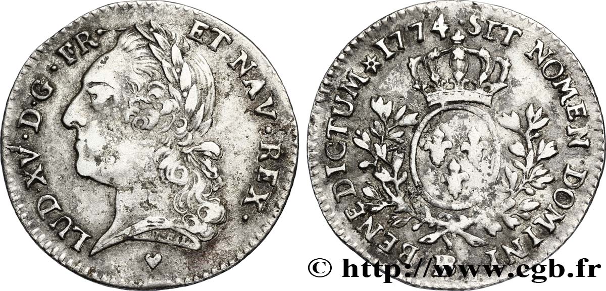 LOUIS XV DIT LE BIEN AIMÉ Cinquième d écu aux branches d’olivier, buste lauré 1774 Strasbourg TB+