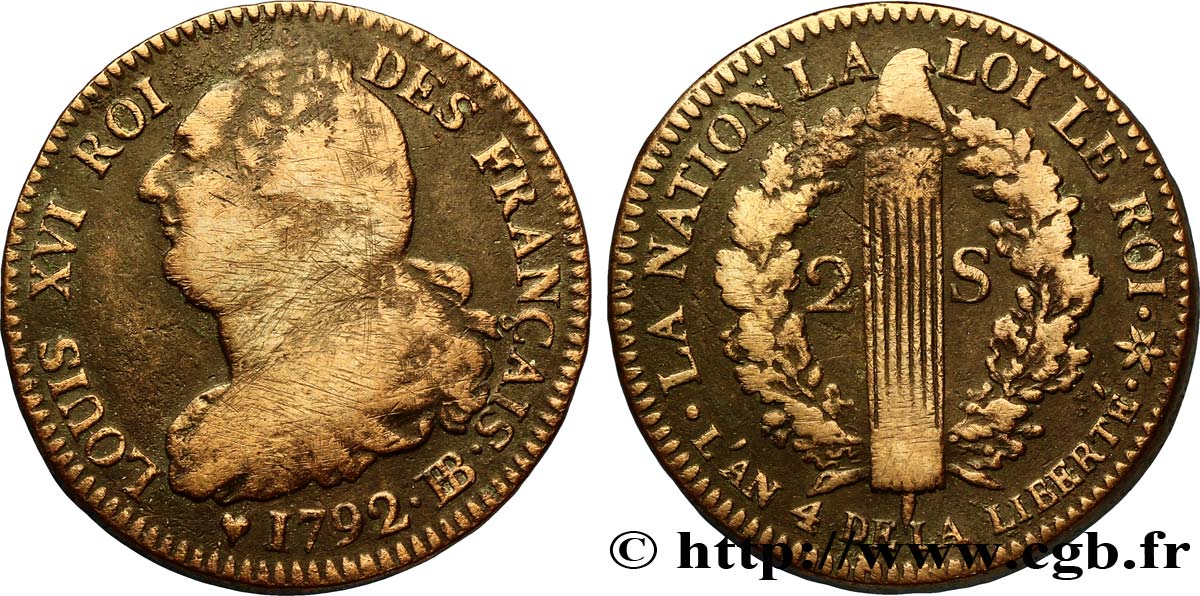 LOUIS XVI (MONARQUE CONSTITUTIONNEL) 2 sols dit au faisceau , type FRANÇAIS 1792 Strasbourg TB+/TTB